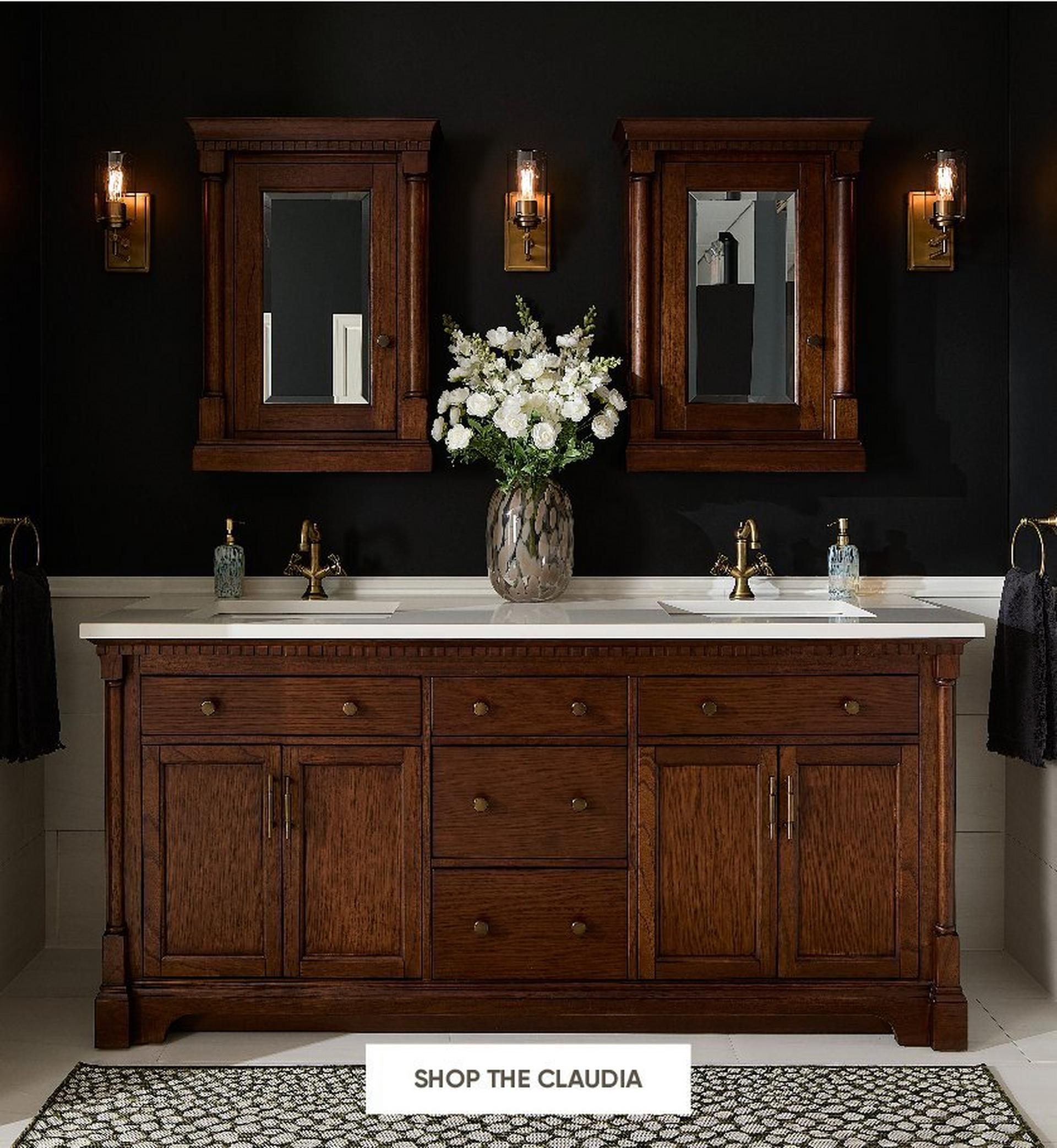 72 inch Claudia Double Vanity - Antique Coffee with Rect Undermount Sinks - Carrara Marble Widespread